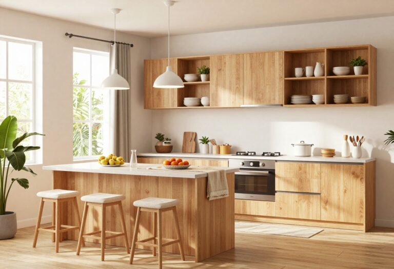 Cozy Bloxburg kitchen with wood accents, open shelving, pendant lights, and soft textiles