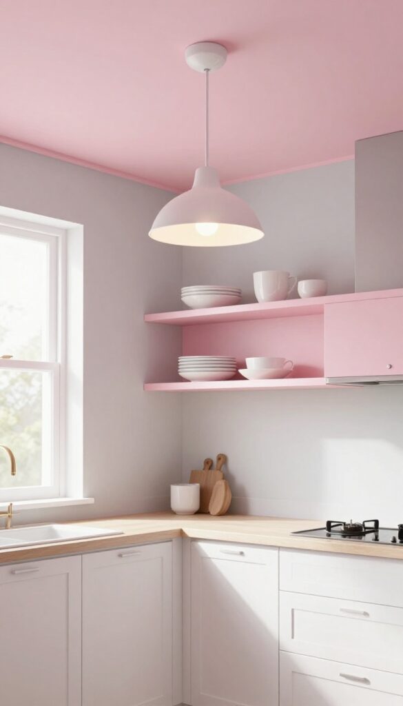 Kitchen with soft pastel blush ceiling and matching floating shelves, white cabinets, and natural light.