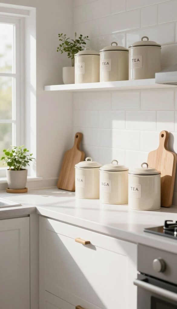 Open shelving with matching cream canisters for tea, sugar, and snacks, a small plant, and a wooden cutting board in a bright kitchen.