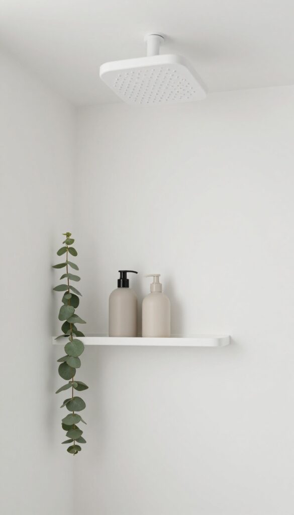 A minimalist spa-style shower upgrade with a rainfall showerhead, simple shelf organization, and eucalyptus accents in bright natural light.