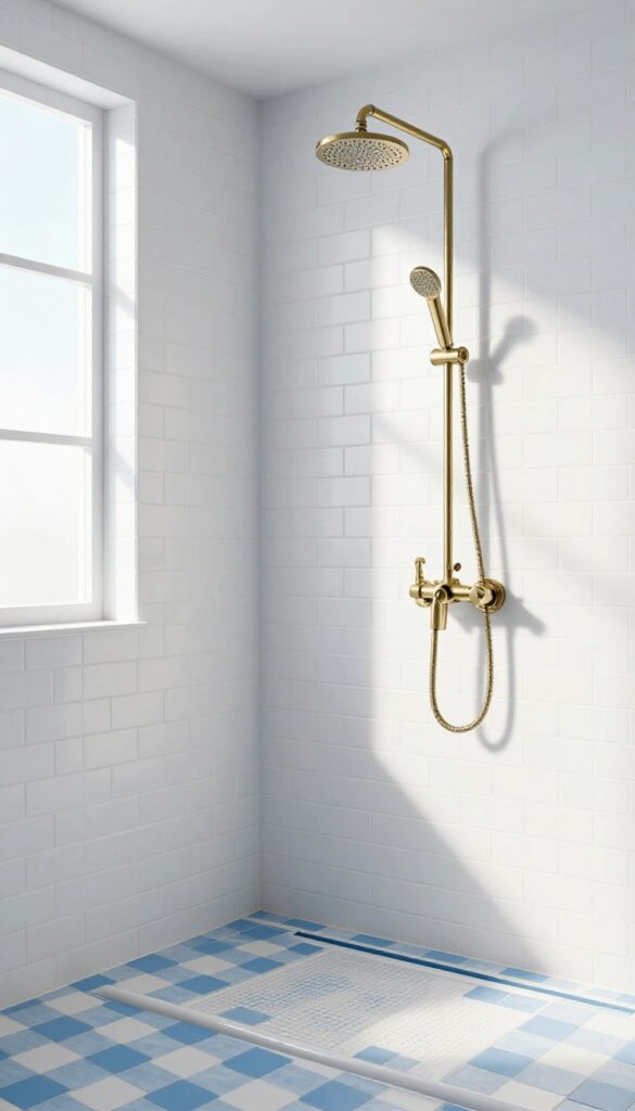 Checkerboard blue and white tile floor in a bright shower with white subway tile walls and brass fixtures