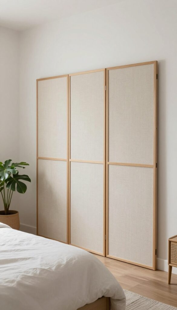 A folding screen with a large-scale pattern in a neutral frame used as a stylish bedroom divider in a bright, naturally lit room with clean decor.
