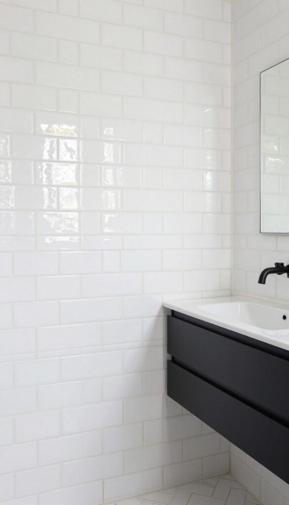A shower wall featuring white subway tiles in a herringbone pattern with light grout, set in a modern bathroom with matte black fixtures, showcasing an elegant and dynamic design for home decor inspiration.