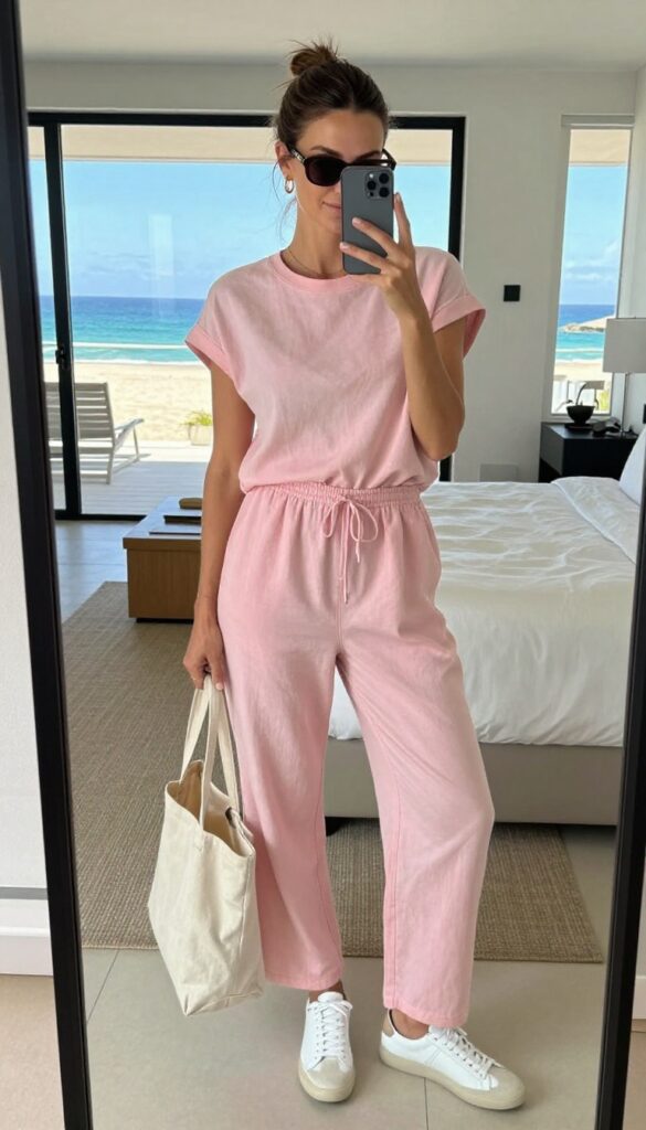 Woman in a lightweight pastel romper and white sneakers taking a mirror selfie in a bright hotel room, with a tote bag and sunglasses, embodying a casual beach vacation outfit.