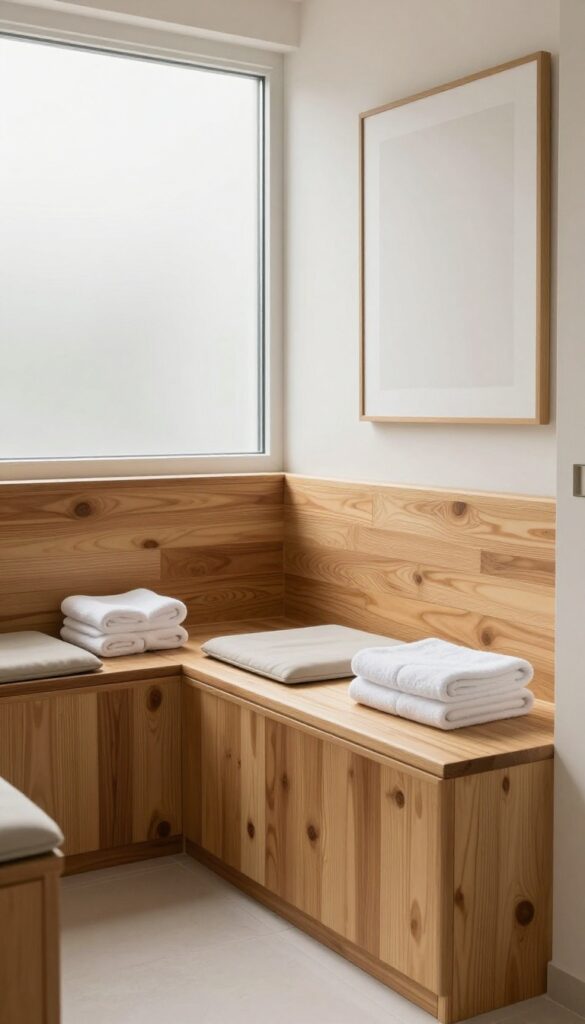 A steam shower with a teak bench for added comfort and functionality, creating a spa-like retreat in a bathroom.
