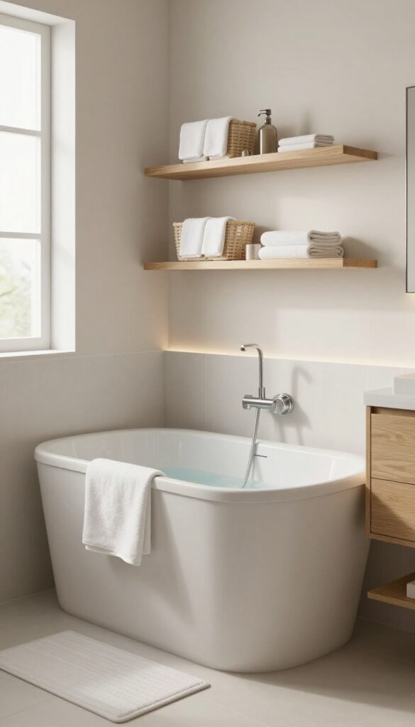 A family bathroom layout with a deep soaker tub, handheld showerhead, non-slip mats, wood-toned shelves, and soft LED lighting in neutral tones.
