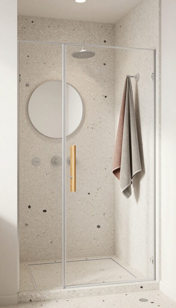 A walk-in shower with terrazzo-inspired tiles on walls and floor, displaying speckled texture with neutral and colorful chips, round mirrors, and natural wood accents in bright light.