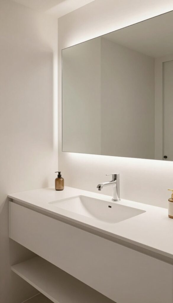 A modern bathroom with a large frameless mirror that conceals hidden storage, featuring a clean countertop and bright natural lighting for a fresh, clutter-free look.