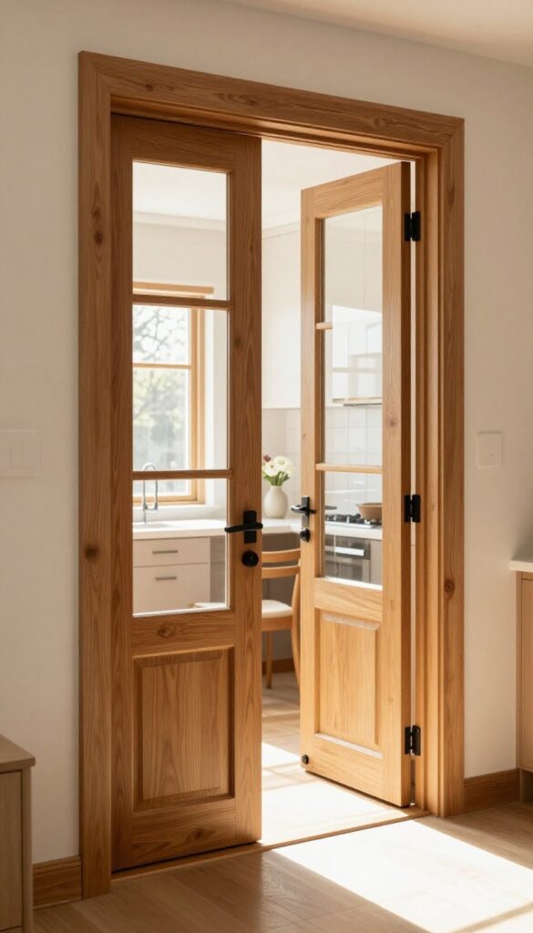 Warm kitchen with saloon-style swing door in oak wood, half-height design with matte black handles, bright natural light, cozy dining area visible through the door.