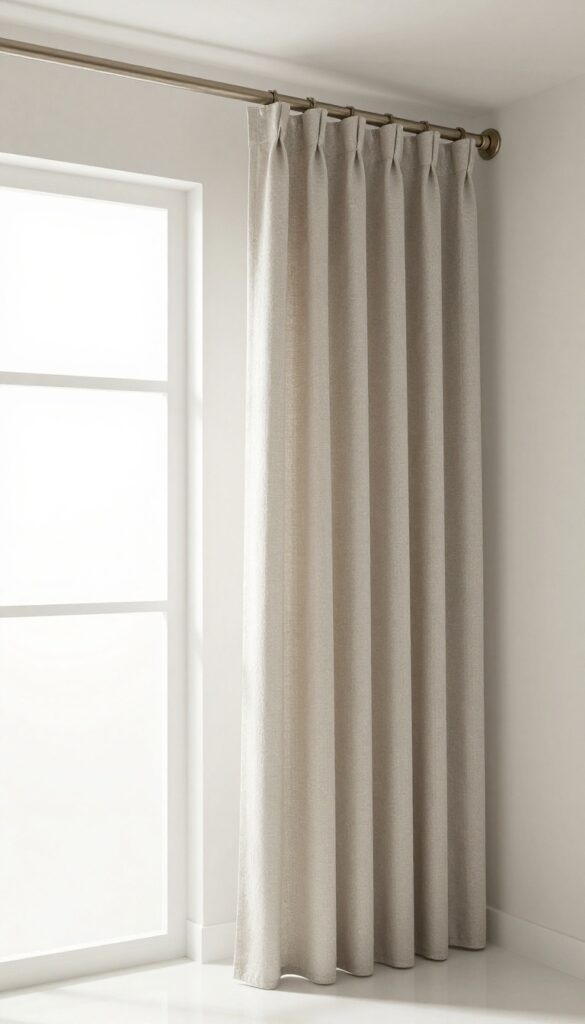 A curved shower curtain rod in a bright, modern bathroom, providing extra elbow room and a luxurious feel with neutral-toned curtains and brushed nickel hardware.