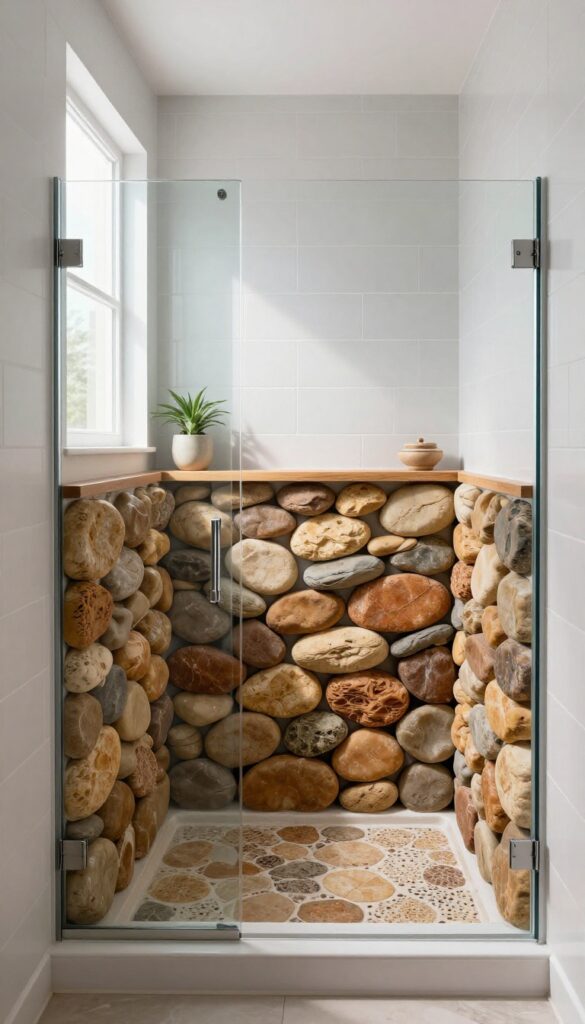 Half-wall river rock wainscoting in a small shower with warm earth-toned stones and white upper tiles