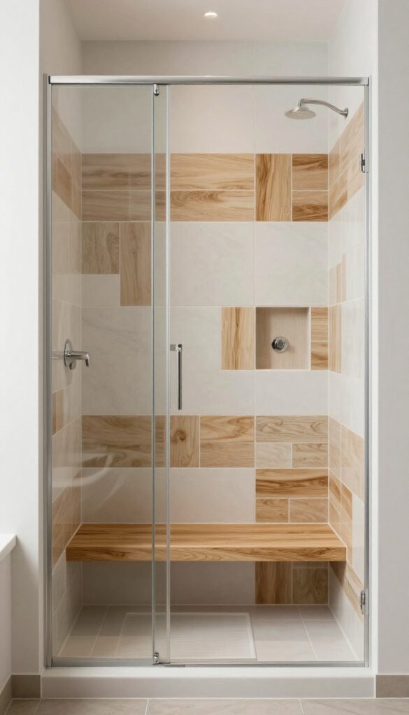 Walk-in shower with mixed ceramic and wood-look tiles in a bright, clean bathroom setting.