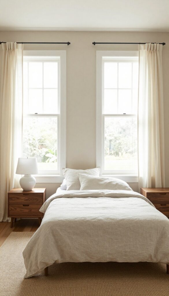 Symmetrical bedroom with two windows, matching nightstands and lamps, neutral decor, bright natural light.