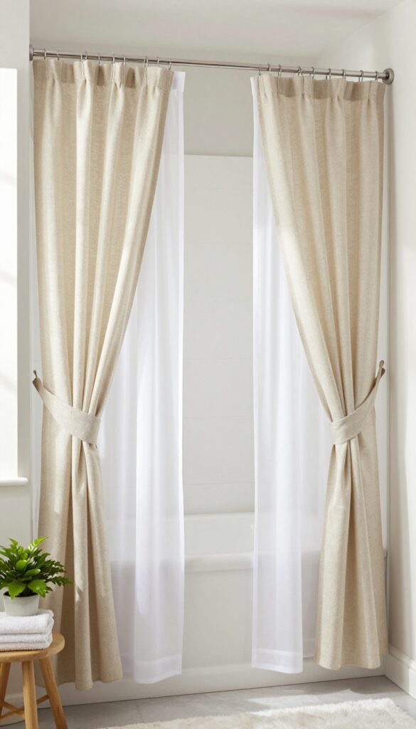 Double shower curtains with tiebacks in a bright, airy bathroom