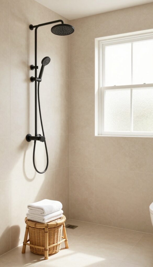 Matte black fixtures against light warm tile in a bright bathroom with bamboo stool and woven basket