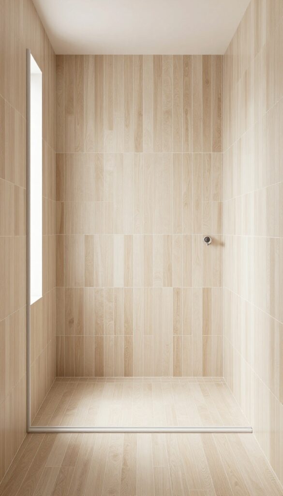Vertical wood tile installation in a shower to create height and openness