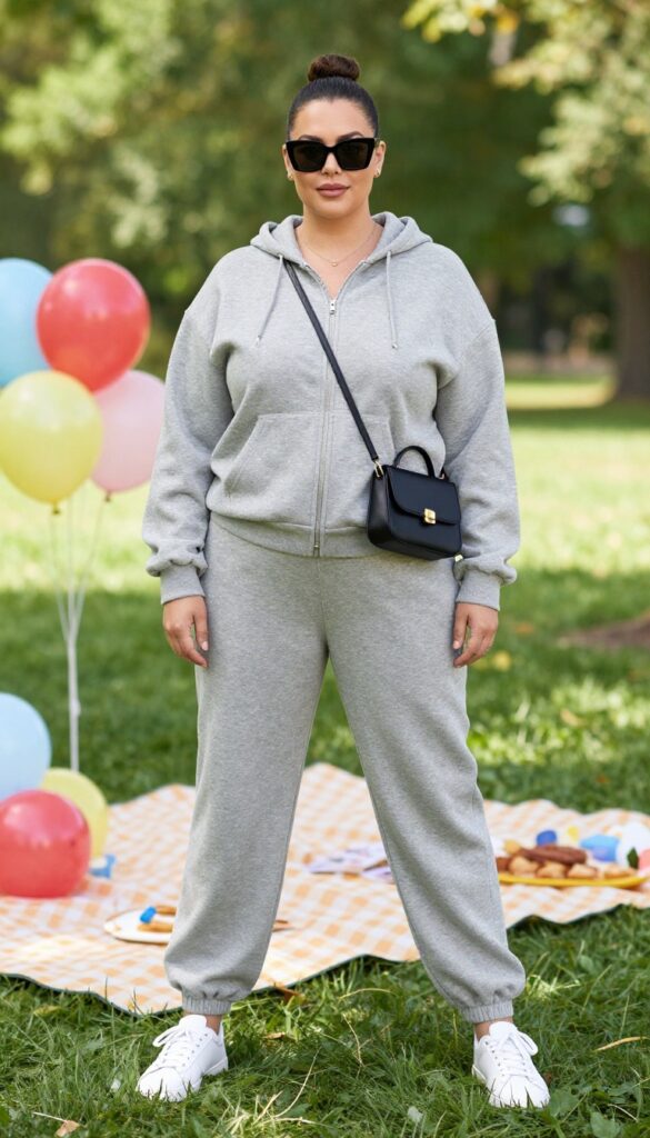 Plus-size woman in heather grey matching lounge set with white sneakers and crossbody bag at a park birthday party.