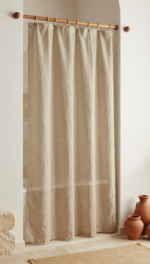 A tall textured linen shower curtain with natural weave in earthy tones, hanging in a bright bathroom with wooden rings and stone accessories, creating a warm and airy rustic or Scandinavian decor style.