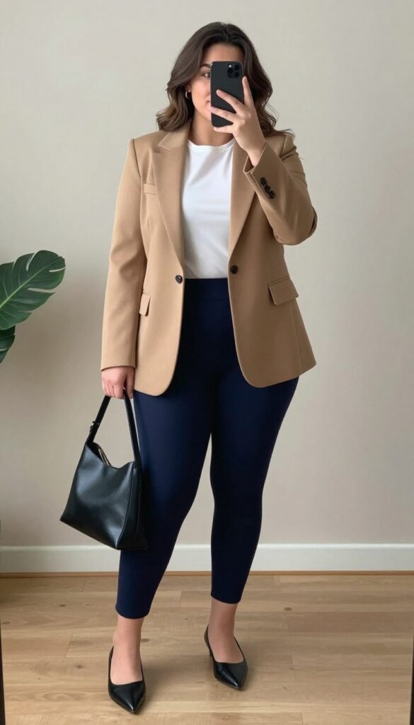 Plus-size woman in a navy pencil skirt, white top, and camel structured blazer posing in a mirror selfie with pointed flats and structured handbag.