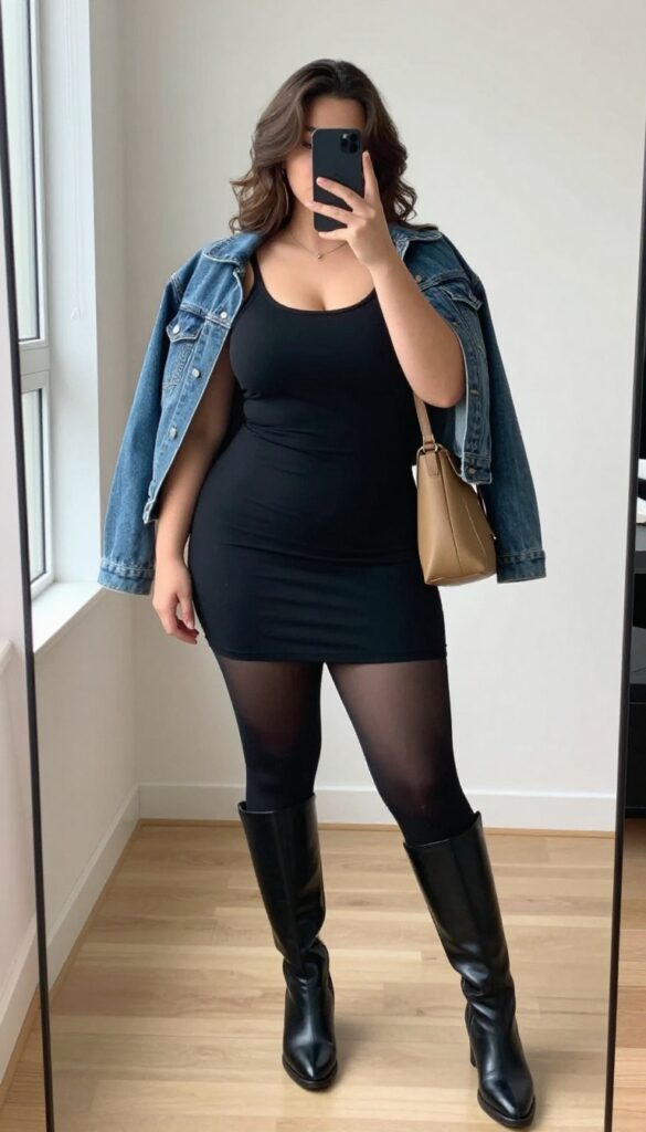Plus-size woman in a black mini dress, tights, and knee-high boots taking a mirror selfie, holding a phone to partially cover her face, with a denim jacket over her arm.