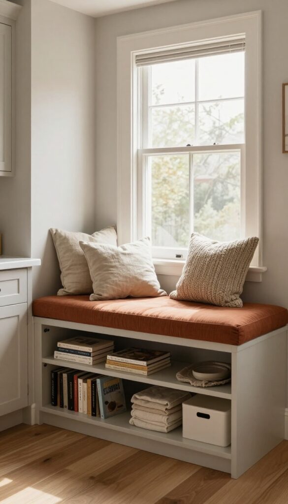 Cozy kitchen window bench with hidden storage and rust cushions