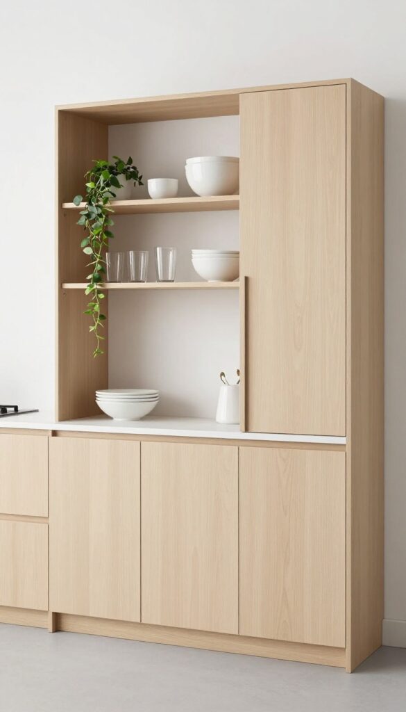 Minimalist kitchen hutch with flat-panel doors, pale oak finish, open shelving with white ceramics and a plant, bright natural light, clean and airy.