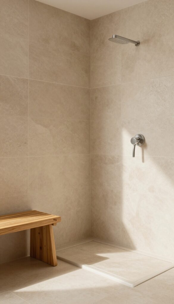 Small shower with textured stone-look tiles, teak bench, and bamboo mat
