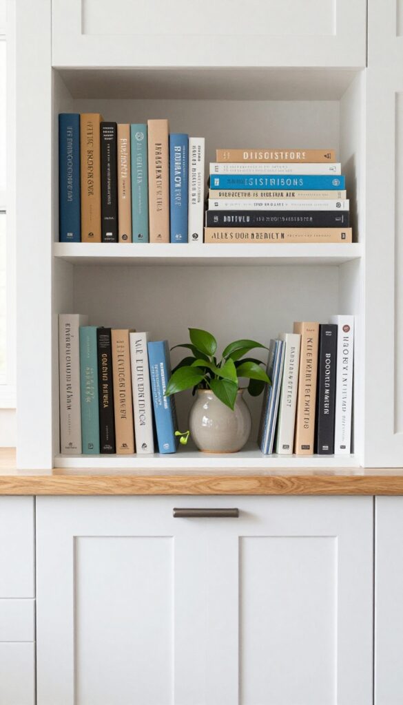 Row of cookbooks arranged above kitchen cabinets with plant and ceramic decor