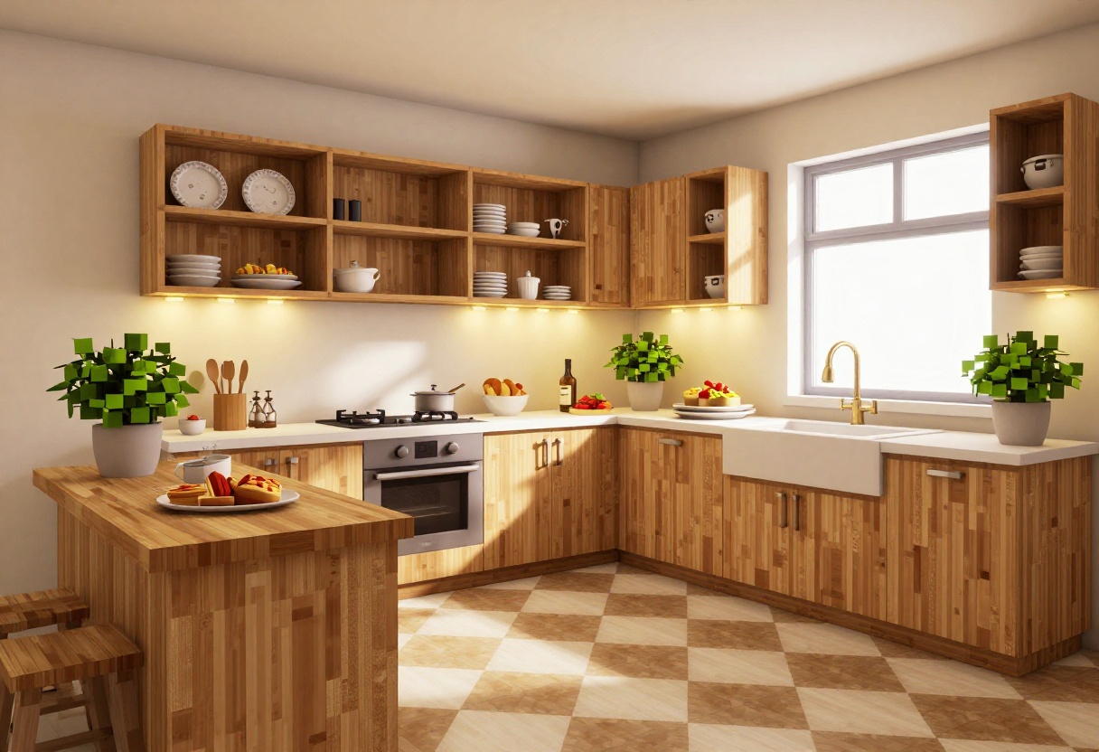 Cozy Minecraft kitchen with lantern lighting, open shelving, checkered floor, and breakfast nook