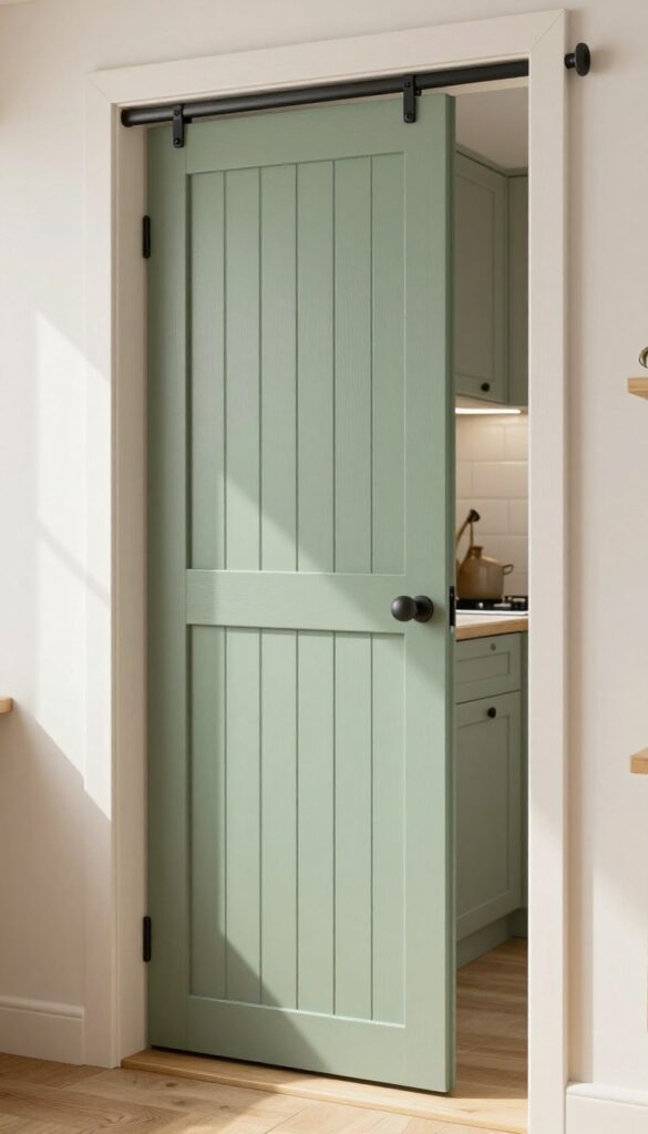 Beadboard sliding door in sage green with black track and ceramic knob, cottage kitchen interior, bright natural light.