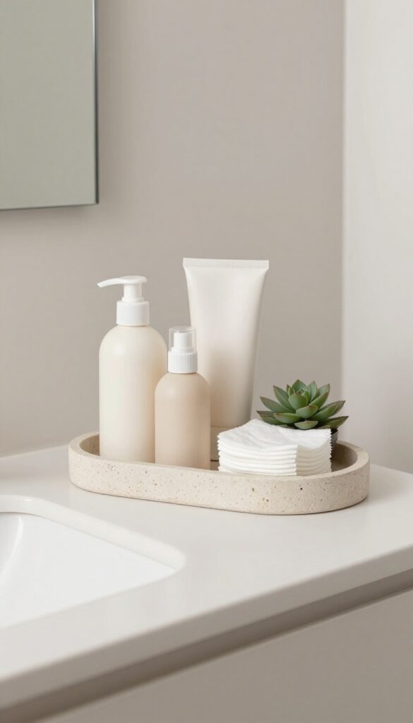 A guest-friendly vanity tray on a bathroom counter with travel-size toiletries and a small plant, showcasing a welcoming and organized setup.