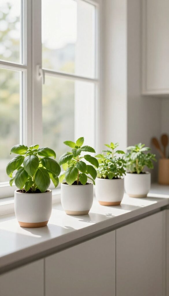 A row of small herb pots on a kitchen windowsill, with fresh basil and mint, in a bright, modern kitchen.