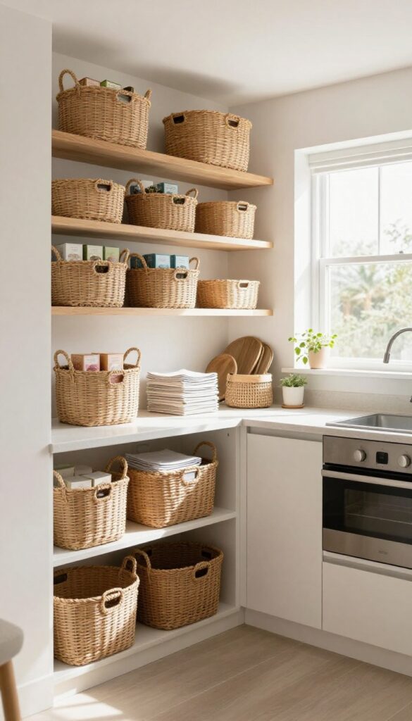Decorative woven baskets storing bulk tea and napkins in a bright, clean kitchen