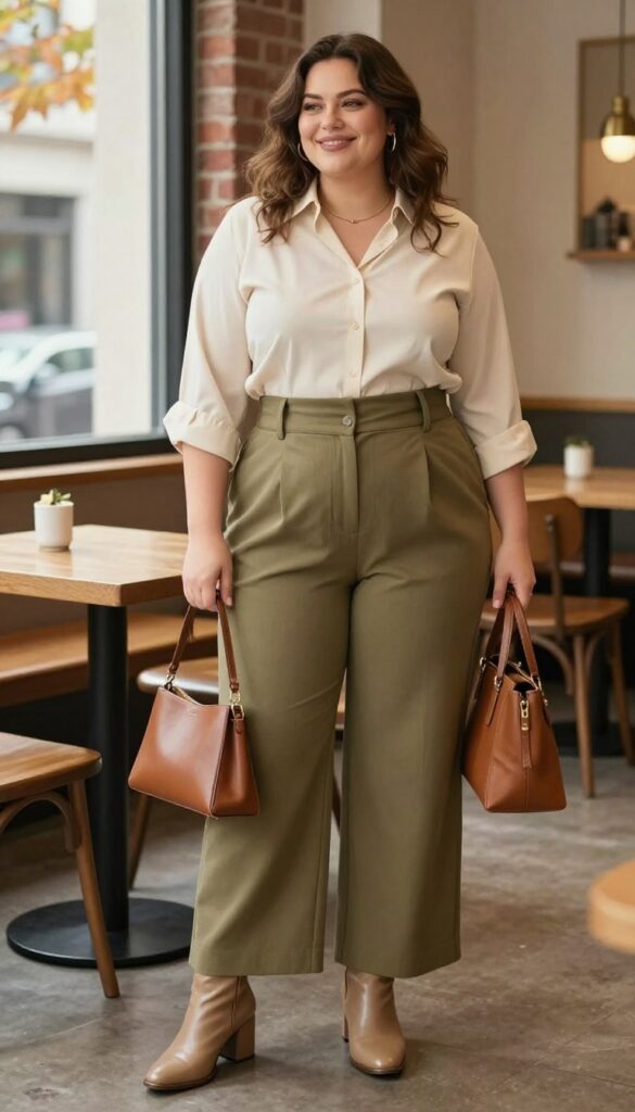 Plus-size woman in high-waisted wide-leg olive pants and structured cream blouse, posing at a café, showcasing a flattering big-belly outfit.
