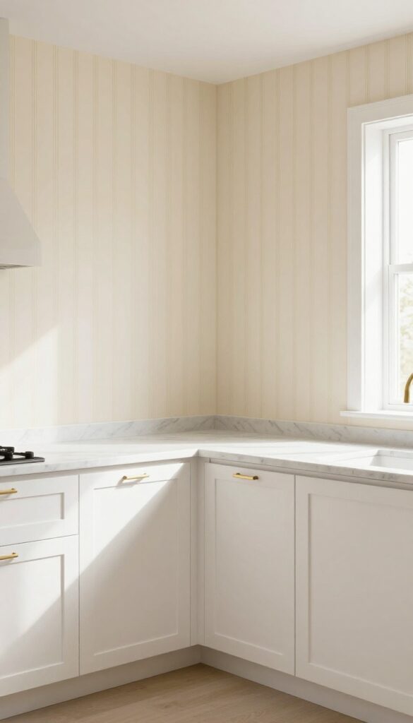 Bright kitchen with subtle vertical striped wallpaper in warm beige and cream, white cabinets, and natural light.