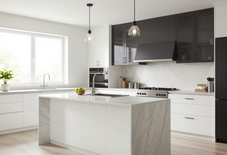 Modern Sims 4 kitchen with white cabinets, marble island, and pendant lighting