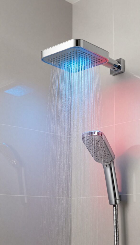 A modern LED showerhead with color-changing lights in a minimalist bathroom, showing water flowing with hues from blue to red under natural light.
