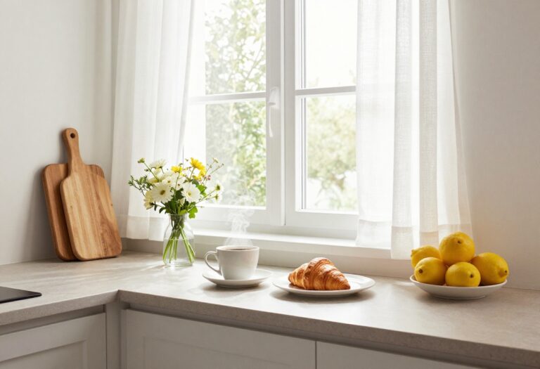 Light and airy kitchen with breakfast tray and fresh flowers by the window