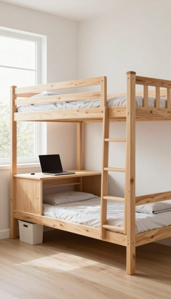 A loft bed in a small teen bedroom with natural light, featuring a desk underneath and storage bins.