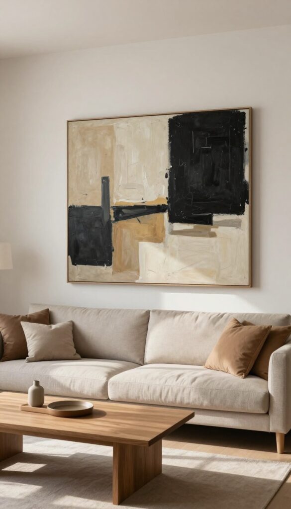 Large abstract art above a sofa in a modern living room with natural light