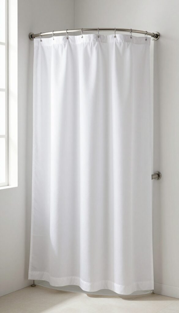 Neo-angle shower with curved shower rod and white curtain, spacious and bright