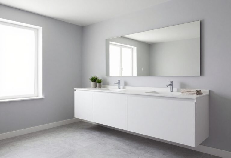Modern bathroom with light gray walls and white trim, showcasing an airy and spacious design for home decor inspiration.
