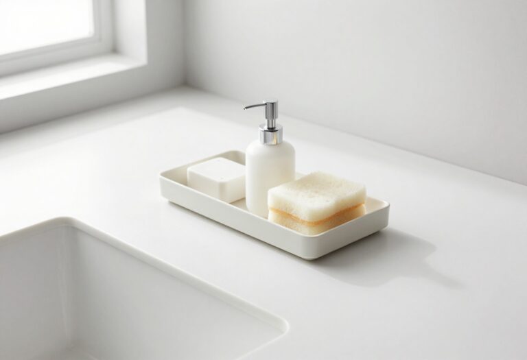 A stylish soap tray on a kitchen countertop next to a sink, holding a soap dispenser and sponge.