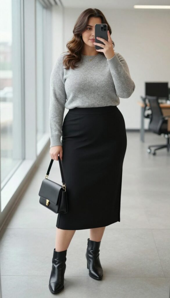 Plus-size woman in a light gray fitted sweater and black midi skirt with ankle boots, taking a mirror selfie in a bright office hallway.