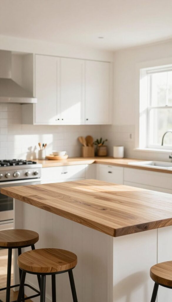 Kitchen island with butcher block countertop and three counter stools in a bright, airy kitchen