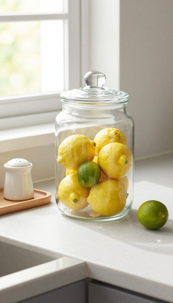 Glass apothecary jar filled with lemons and limes on a kitchen counter