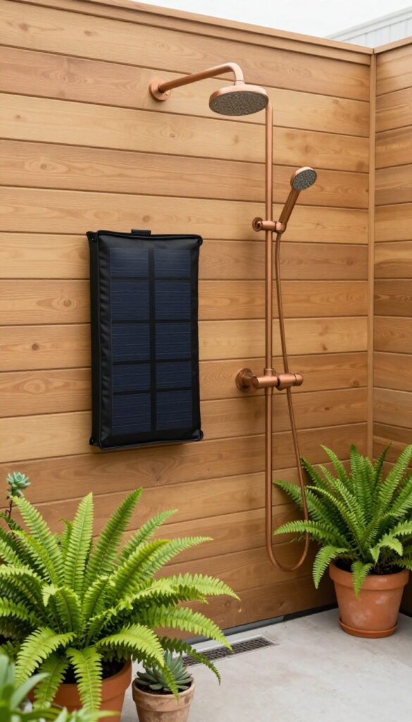 Solar-powered outdoor shower with black solar bag on wooden wall, copper pipes, and plants in natural light.