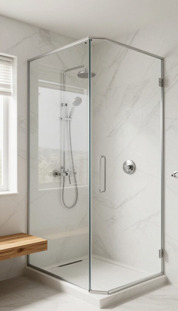 A stylish walk-in shower with an integrated bench in a bright bathroom, showcasing luxury and practicality with neutral colors and natural light.