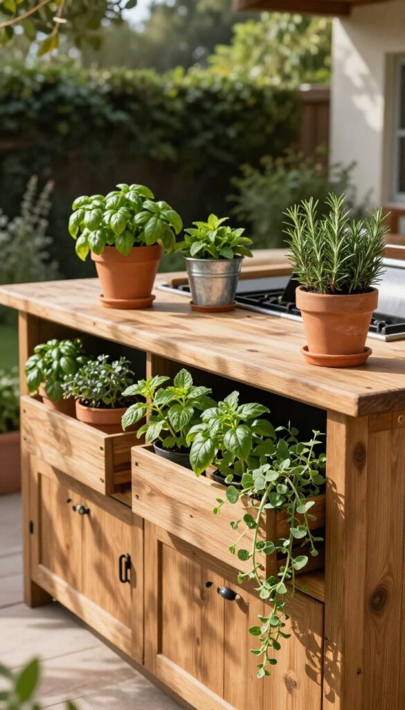 Outdoor kitchen with potted herbs on wooden countertop