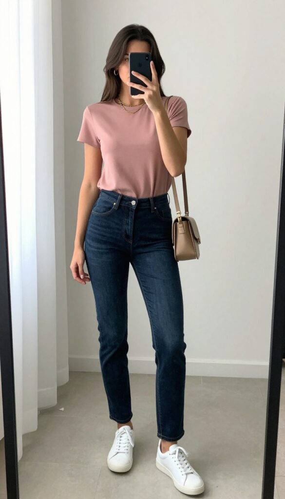 Woman with rectangle body shape wearing a soft blush peplum top and slim straight-leg jeans, taking a mirror selfie in bright natural light.